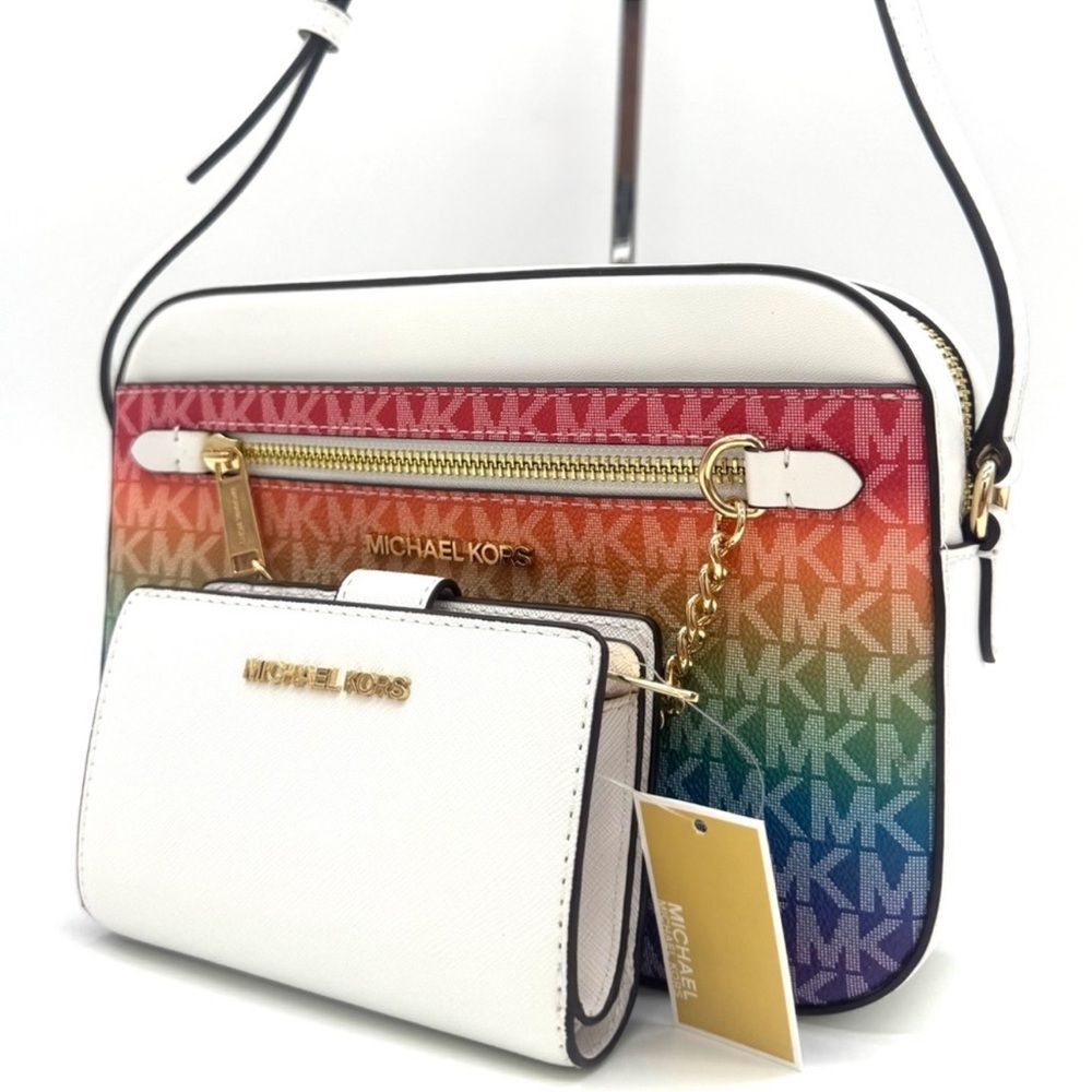 Michael Kors Large Signature Logo Crossbody Bag & Matching Bifold Wallet Rainbow - Picture 2 of 15